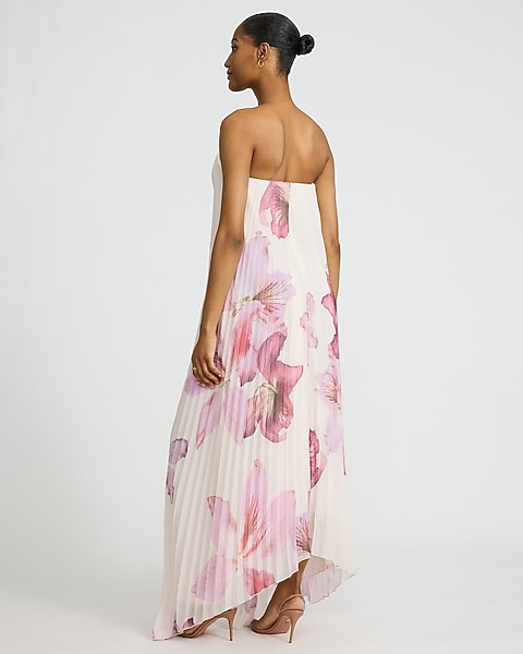 pleated strapless maxi dress Wicked Games Orange this wedding guest dresses piece showcases a strapless bodice and graceful pleats Floral Pleated Strapless Maxi Dress