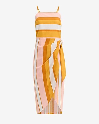 Linen-Blend Striped Tie Wrap Midi Dress