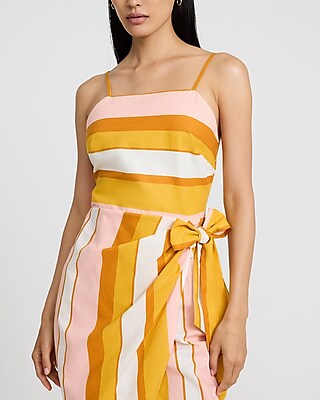 Linen-Blend Striped Tie Wrap Midi Dress