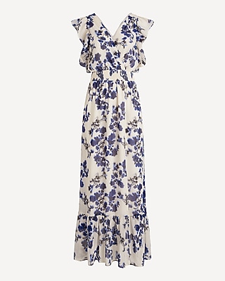 Floral Flutter Sleeve Surplice Smocked Waist Maxi Dress | Express