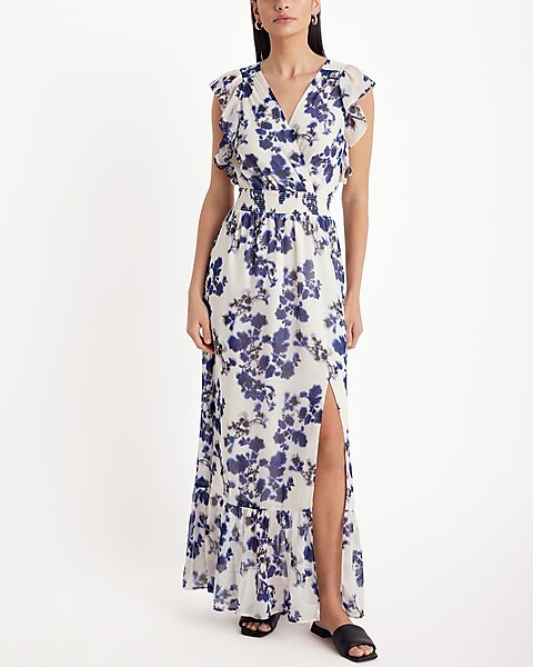 Floral Flutter Sleeve Surplice Smocked Waist Maxi Dress | Express