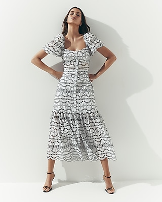 Eyelet Puff Sleeve Button Front Tiered Maxi Dress