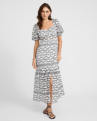 Eyelet Puff Sleeve Button Front Tiered Maxi Dress