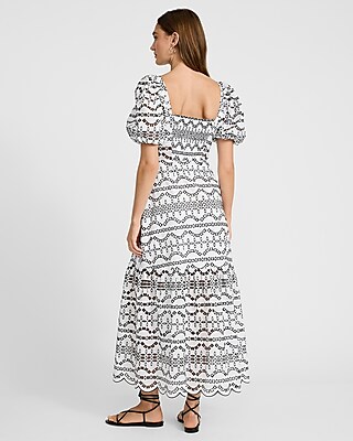 Eyelet Puff Sleeve Button Front Tiered Maxi Dress