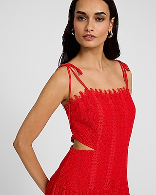 Lace Sleeveless Tie Strap Cutout Drop Waist Midi Dress
