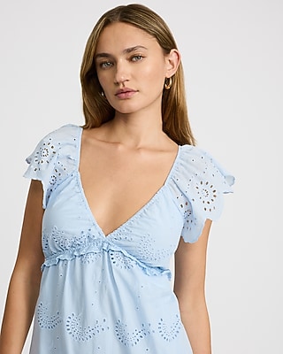 Cotton Eyelet V-Neck Flutter Sleeve Tiered Midi Dress