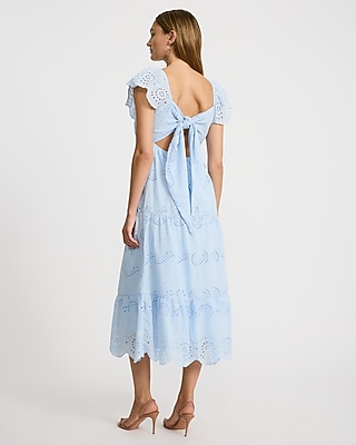 Cotton Eyelet V-Neck Flutter Sleeve Tiered Midi Dress