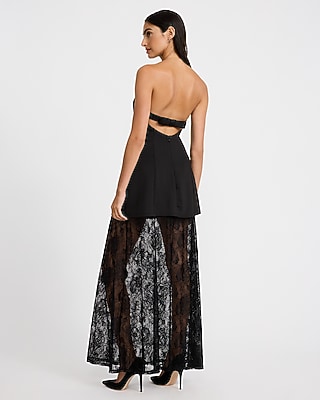 Mixed Media Strapless Bow Back Sheer Lace Maxi Dress