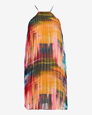 Printed Pleated Halter Neck Mini Dress