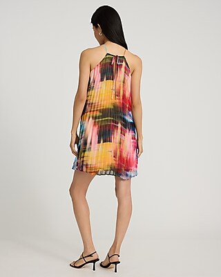 Printed Pleated Halter Neck Mini Dress