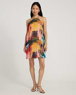 Printed Pleated Halter Neck Mini Dress