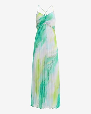 Printed Pleated V-Neck Sleeveless Maxi Dress