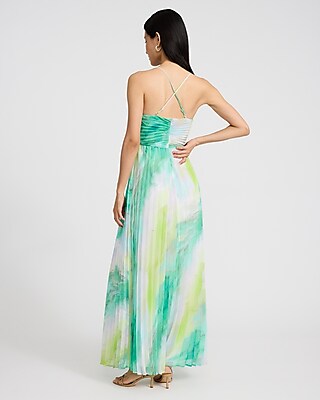Printed Pleated V-Neck Sleeveless Maxi Dress