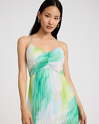 Printed Pleated V-Neck Sleeveless Maxi Dress