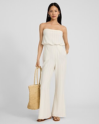 Textured Strapless Flare Leg Jumpsuit
