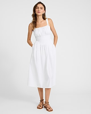 Square Neck Sleeveless Tie Front Drop Waist Midi Dress
