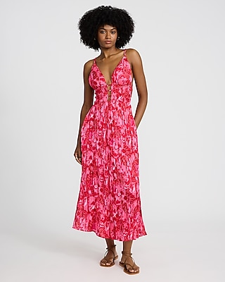 Floral Crinkle Satin V-neck Sleeveless Strappy Midi Dress