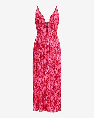 Floral Crinkle Satin V-Neck Sleeveless Strappy Midi Dress