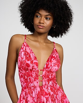Floral Crinkle Satin V-Neck Sleeveless Strappy Midi Dress