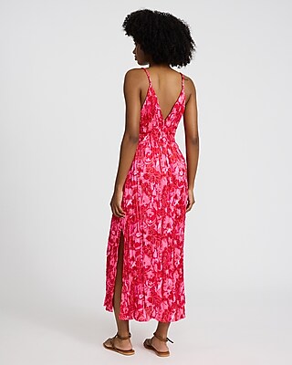 Floral Crinkle Satin V-Neck Sleeveless Strappy Midi Dress