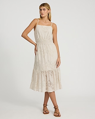 Lace Square Neck Sleeveless Tiered Midi Dress