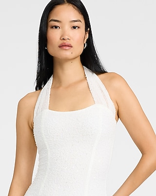 Sheer Beaded Halter Sleeveless Maxi Dress