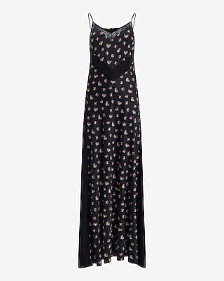 Satin Floral Lace Pieced V-Neck Maxi Sheath Dress