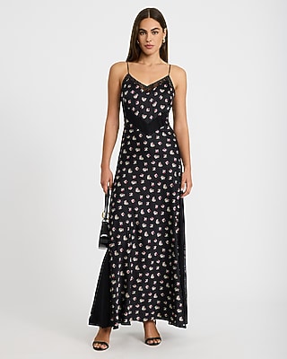Satin Floral Lace Pieced V-Neck Maxi Sheath Dress