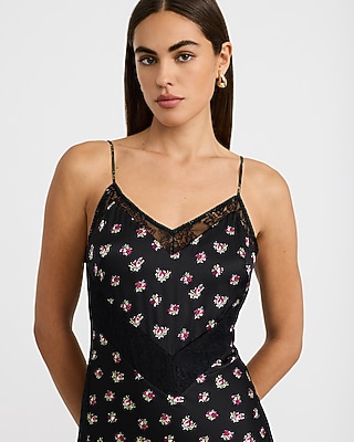 Satin Floral Lace Pieced V-Neck Maxi Sheath Dress