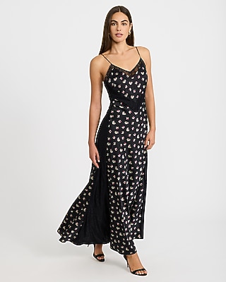 Satin Floral Lace Pieced V-Neck Maxi Sheath Dress