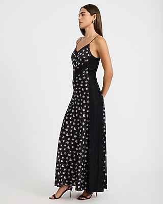 Satin Floral Lace Pieced V-Neck Maxi Sheath Dress
