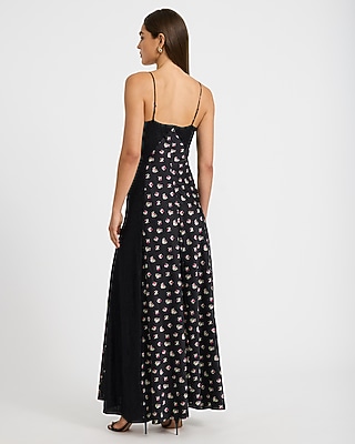 Satin Floral Lace Pieced V-Neck Maxi Sheath Dress