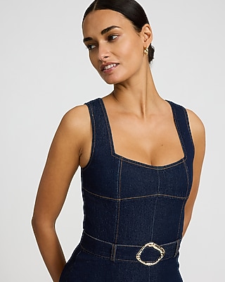 Denim Sweetheart Belted Asymmetrical Hem Midi Dress