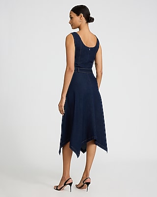 Denim Sweetheart Belted Asymmetrical Hem Midi Dress