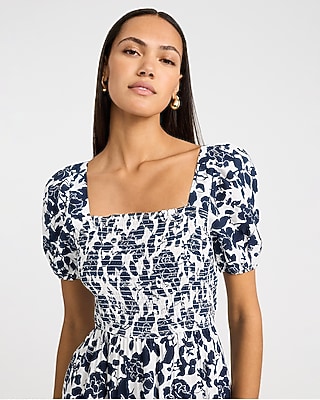 Floral Square Neck Puff Sleeve Smocked Midi Dress
