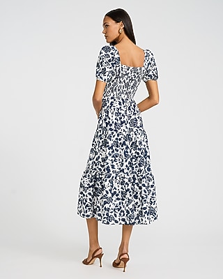 Floral Square Neck Puff Sleeve Smocked Midi Dress