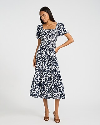 Floral Square Neck Puff Sleeve Smocked Midi Dress
