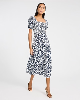 Floral Square Neck Puff Sleeve Smocked Midi Dress