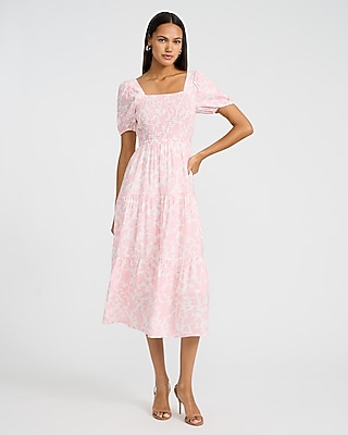 knee length dresses for ladies Red Tartan Plaid Smocked Square Neck 1/2 Puff Sleeve Tie Waist Midi Dress Red / L / 75%Polyester+25%Cotton main image 1