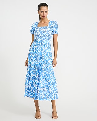 knee length dresses for ladies Navy Floral Wrap Midi Dress - Puff Sleeve Dress main image 0