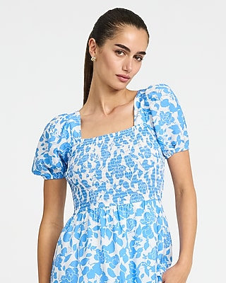Floral Square Neck Puff Sleeve Smocked Midi Dress