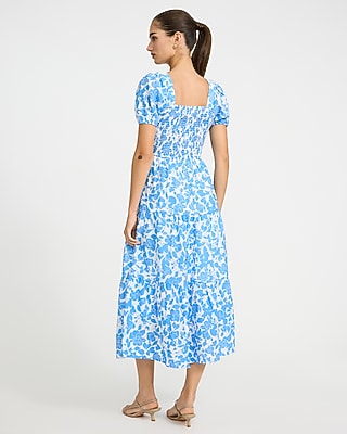 Floral Square Neck Puff Sleeve Smocked Midi Dress