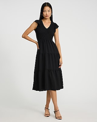 V-neck Flutter Sleeve Smocked Tiered Midi Dress | Express