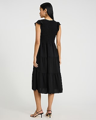 tie back flutter sleeve tiered midi dress Pine Green Cotton Linen Flutter Sleeve Tie-Back Tiered Midi Dress 60" / Tall (5'7" and above)
