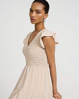V-Neck Flutter Sleeve Smocked Tiered Midi Dress - thumbnail 6