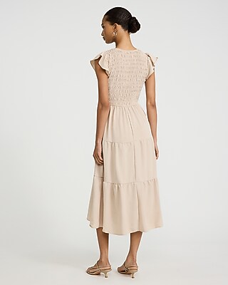 V-Neck Flutter Sleeve Smocked Tiered Midi Dress - thumbnail 7