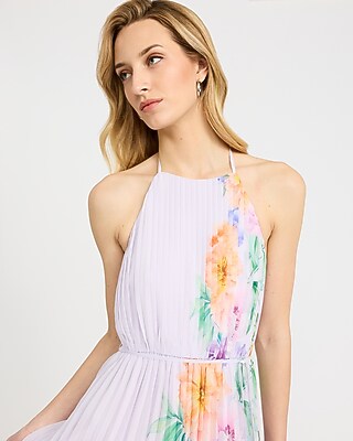 Pleated Chiffon Halter Sleeveless Maxi Dress | Express