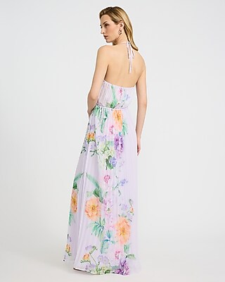 Pleated Chiffon Halter Sleeveless Maxi Dress | Express