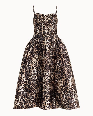 Satin Leopard Sweetheart Sleeveless Drop Waist Midi Dress