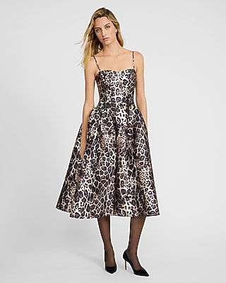 Satin Leopard Sweetheart Sleeveless Drop Waist Midi Dress